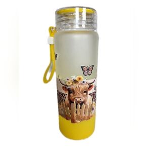 Yellow Ombre Frosted Glass Cow Print Reusable Water Bottle with Carry Strap
